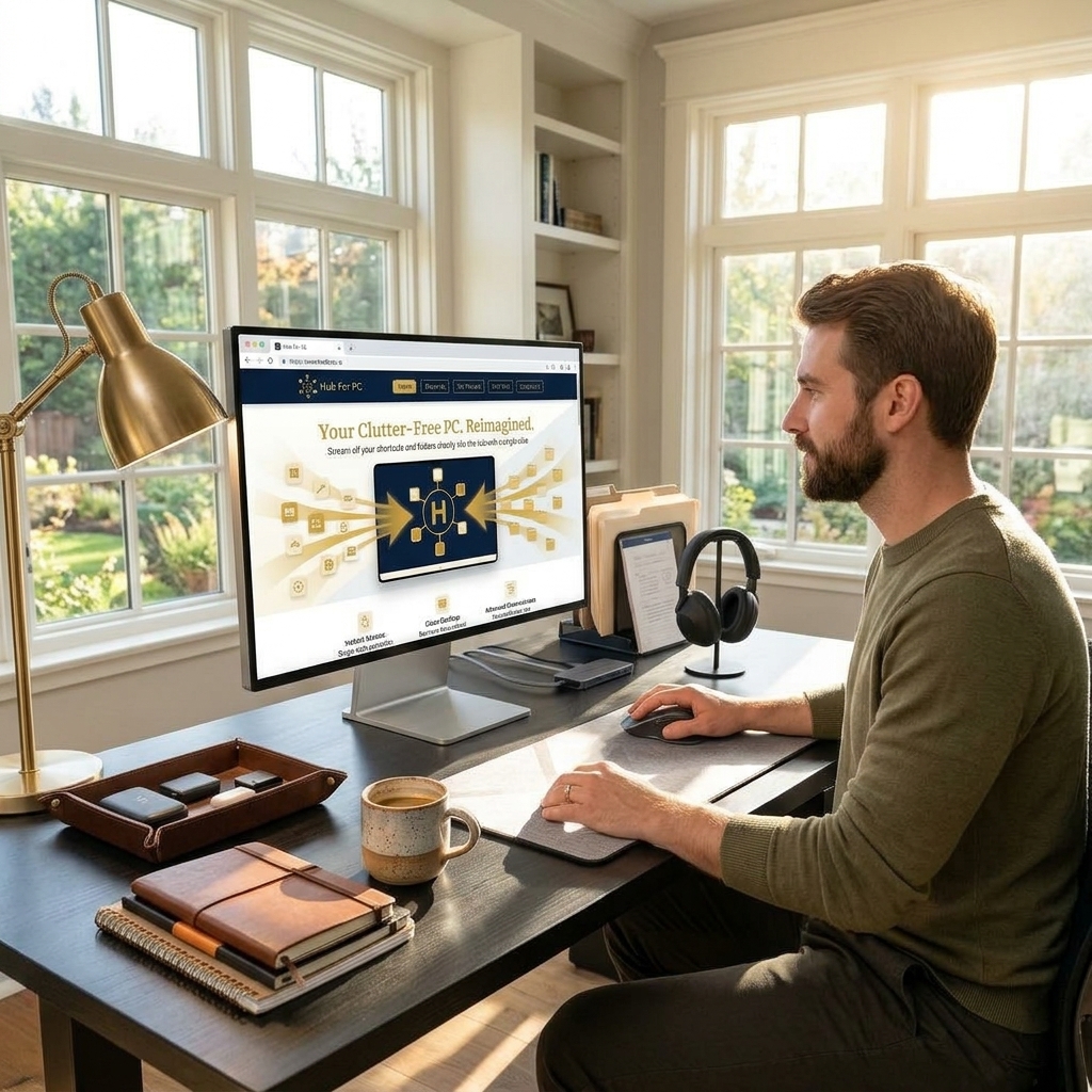 Working at a desk with Hub For PC on the monitor